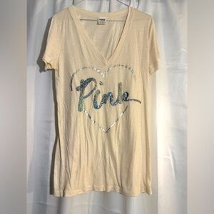 Victoia Secret Pink Heart T-Shirt Cream & Silver